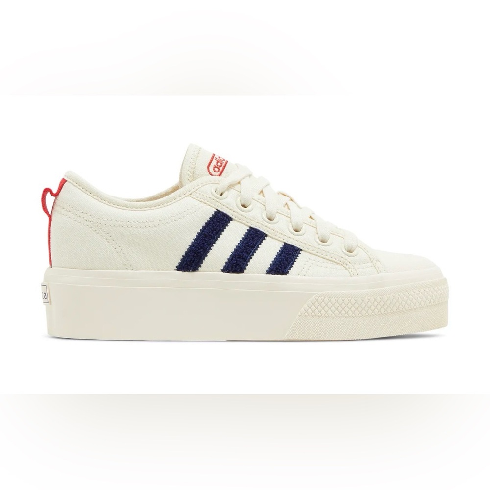 ADIDAS NIZZA PLATFORM CREAM WHITE/NIGHT SKY/ VIVID RED. SKU: HQ1481. US 7